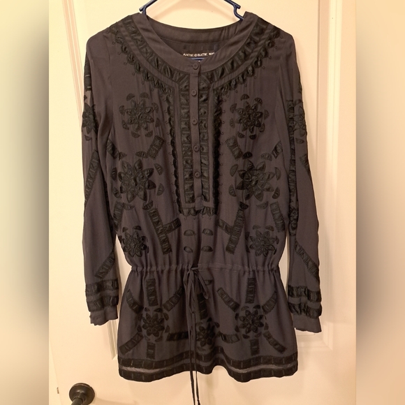 Antik Batik Tunic Womens Size XS Silk Black EUC Drawstring Waistband - Picture 1 of 8